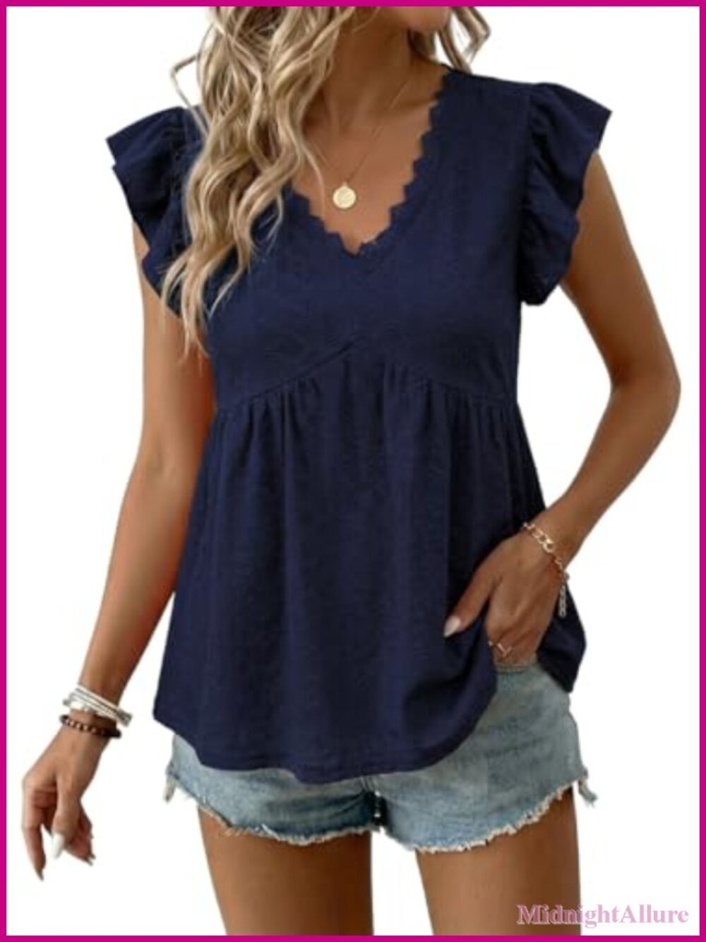 Women's Lace V-Neck Ruffle Sleeve Tank Top Boho Chic Summer Blouse